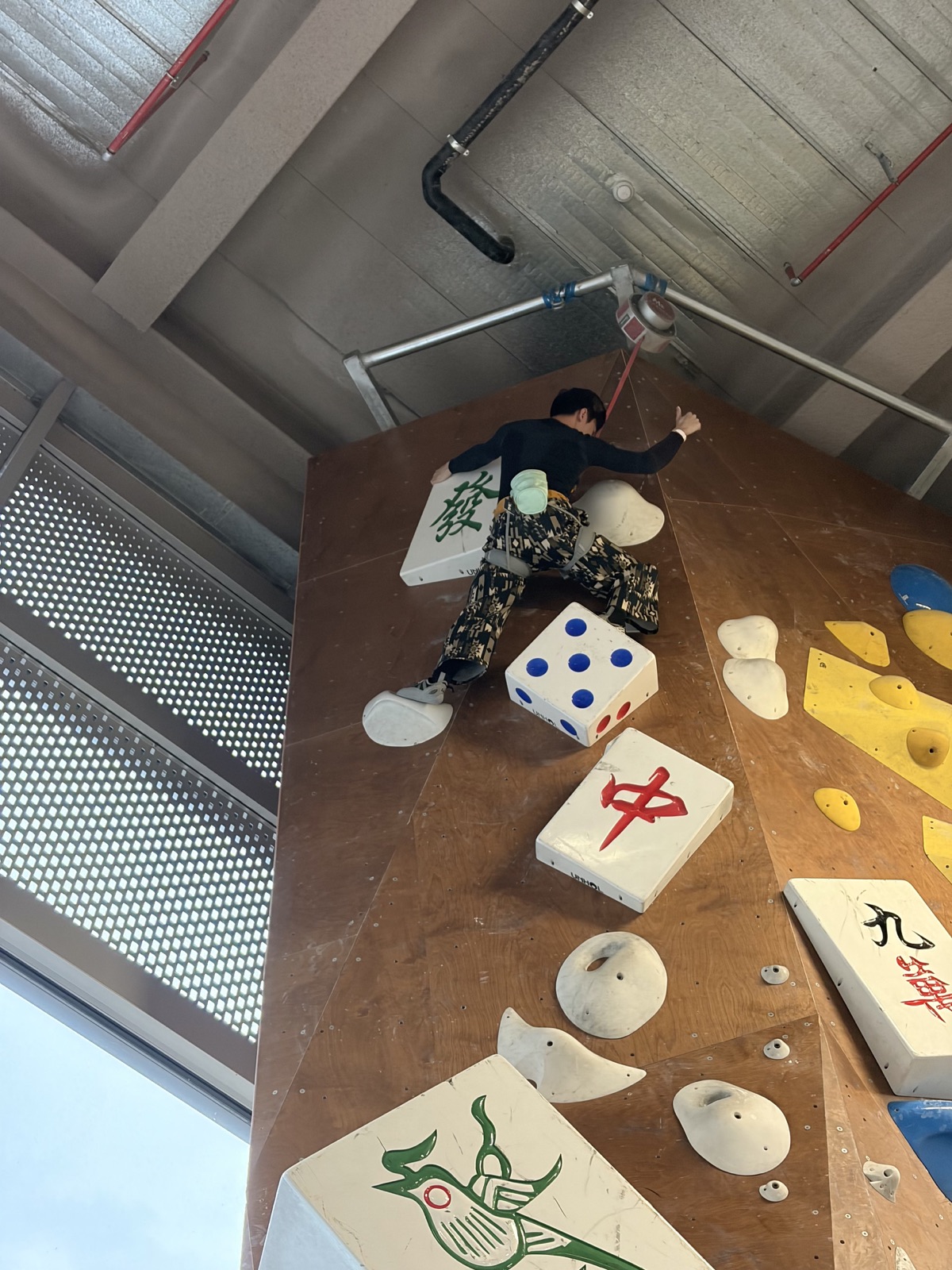 Zhuohan climbing a steep indoor wall with sculpted holds